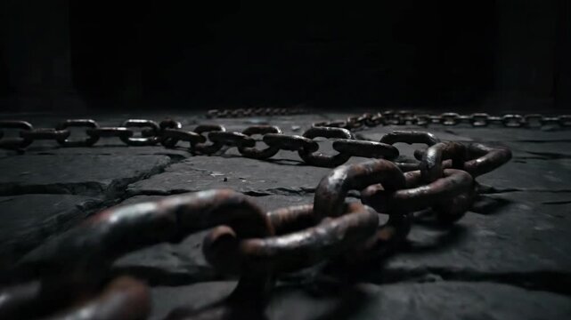 A rusty chain laying on a stone floor in dim lighting