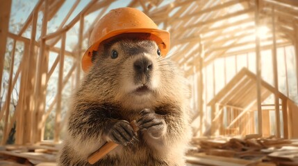 Beaver Construction Worker in Hard Hat on Wooden House Building Site