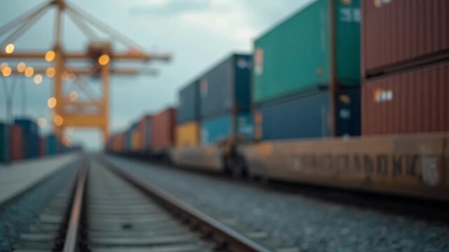 Blurred vision of shipping containers on train cars with gantry crane background