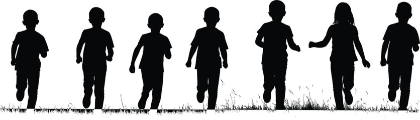 Silhouette of happy children running together on grass field, outdoor play, friendship, childhood fun, teamwork and unity illustration art.