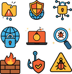 Nine icons depicting cybersecurity threats, suitable for web design, presentations, and securityrelated content creation. Great for online safety concepts.