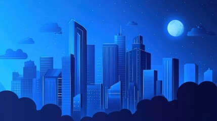 Blue Cityscape Under a Night Sky with Full Moon