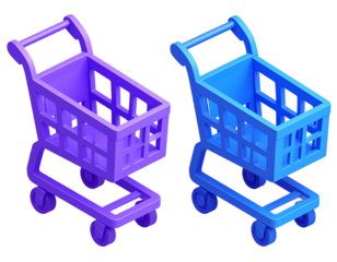 3D Render of Purple and Blue Shopping Cart Icon for Online Store isolated on transparent background
