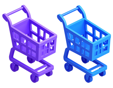 3D Render of Purple and Blue Shopping Cart Icon for Online Store isolated on transparent background