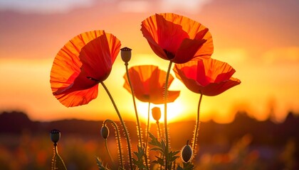 Poppies at Sunset - A Vibrant Display of Natures Beauty.