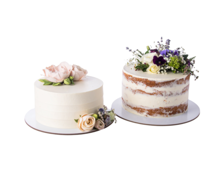 Minimal White Wedding Cake with Cream Frosting and Roses isolated on transparent background