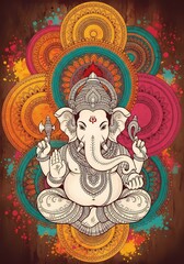 Obraz premium Lord Ganesha in ornate pose surrounded by vibrant mandala patterns — sacred, colorful, and spiritual Hindu art.