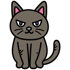 Cartoon Style Cat Illustration with Dark Gray Fur and Violet Eyes on Transparent Background