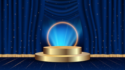 Empty golden podium on a soft blue background, illuminated by a gentle neon effect and decorative bokeh lights on a curtain backdrop. Perfect for product presentations or award ceremonies.