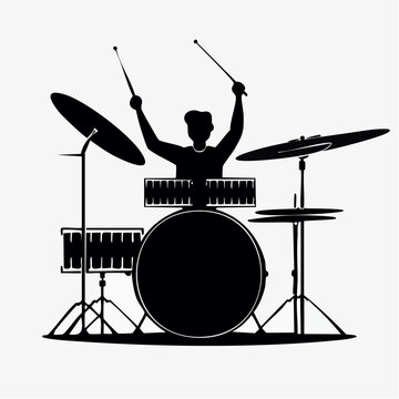 Silhouette of a dynamic drummer playing drums with energetic motion, minimalist artistic style, music performance context