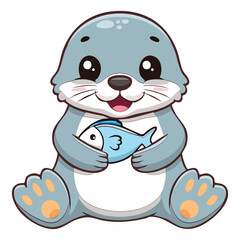 Happy cartoon baby seal pup character sitting and holding a fish with a wide cheerful smile on a white surface