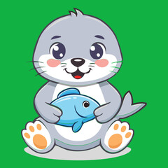 Cute baby seal pup character sitting happily and holding a small blue fish looking joyful