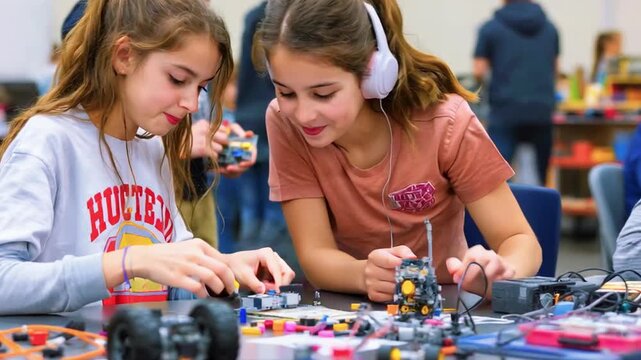 Two young girls engrossed in a robotics project, examining components at a table with others blurred in background