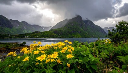 Scenic view of mountains, lake, and vibrant yellow flowers under cloudy sky.
