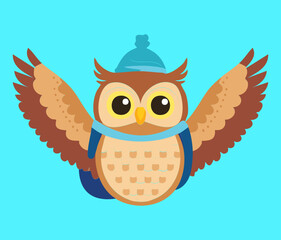 Friendly Cartoon Owl Animal Illustration with Wide-Open Wings and Brown Feathers Against a Bright Blue Sky