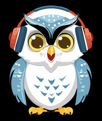 Cool Cartoon Owl Animal Illustration with Bright Yellow Eyes Wearing Large Over-Ear Headphones Listening to Music
