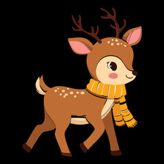 Sweet Cartoon Reindeer Animal Illustration Snuggled in a Yellow Striped Scarf Against a Dark Background
