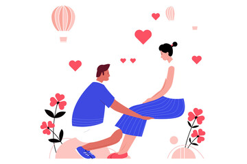 Man Proposing to Woman with Hearts and Hot Air Balloon on Transparent Background