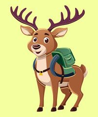 Hiking Cartoon Reindeer Animal Illustration with Large Antlers and a Green Backpack Against a Pale Backdrop