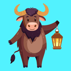Cute Cartoon Water Buffalo Animal Illustration Standing Upright and Holding a Traditional Lit Lantern