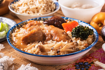 Stir fried chicken and mushroom over rice, Chinese food