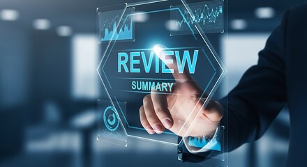 Businessman touching a futuristic holographic screen displaying the word review and summary with charts and graphs, representing business analysis and decisionmaking in a modern office environment