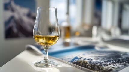 Obraz premium Summit Sipper: Golden Whisky Tasting in a Tulip Glass with Mountain Art Backdrop