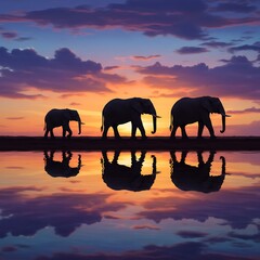 Elephants Silhouetted Against a Dramatic Sunset Reflected in Water.