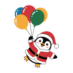 Adorable cartoon penguin dressed as santa claus holding a bunch of colorful balloons flying joyfully