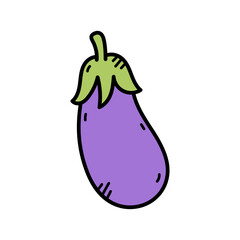 Cartoon Style Eggplant Illustration with Green Stem Isolated on White Background