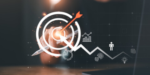 Digital business strategy and financial success with target arrow, profit chart, and market growth analysis. Concept for investment performance, achievement, wealth management, economic innovation.