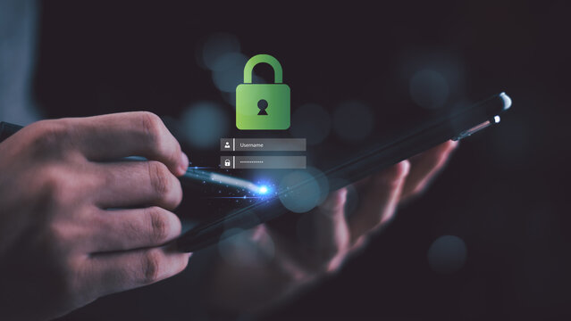 User logging into digital security interface on a tablet with lock icon, representing data protection, cybersecurity, privacy, secure access technology for online authentication , information safety