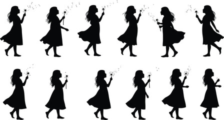 Silhouette of little girl blowing dandelion flowers in the wind, vector illustration symbolizing freedom, childhood innocence, and natural beauty.