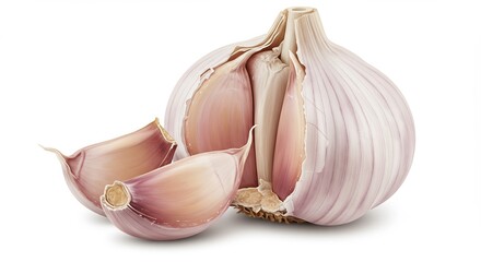 Fresh Garlic Bulb With Cloves Isolated on White Background.