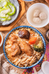 Stir fried chicken and mushroom over rice, Chinese food