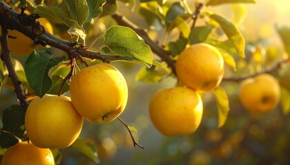 Golden apples on a tree branch bathed in sunlight.