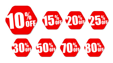 Red Discount Sale Tags with Percent Off Labels. Promotional Price Offer Icons Vector Design Illustration