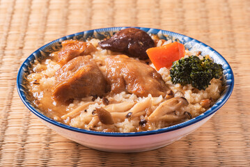 Stir fried chicken and mushroom over rice, Chinese food