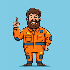 Cartoon man with curly hair and beard in orange jumpsuit raises one finger, smiling against a light blue background.