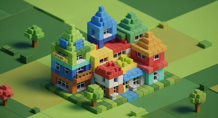 A vibrant voxel art village nestled in a green landscape, showcasing colorful houses and trees in a blocky, pixelated style, creating a whimsical and charming scene