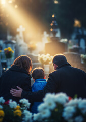 A family with a child mourning in a cemetery. Parents comforting their son at a gravesite during sunset. Grief, loss, and remembrance on All Souls' Day