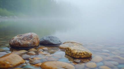 Misty morning fog blankets a serene rocky shoreline with clear water reflections