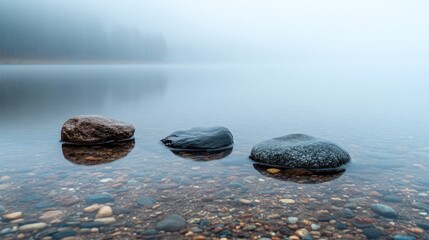 Three smooth wet stones resting on a pebble shore in a misty lake landscape