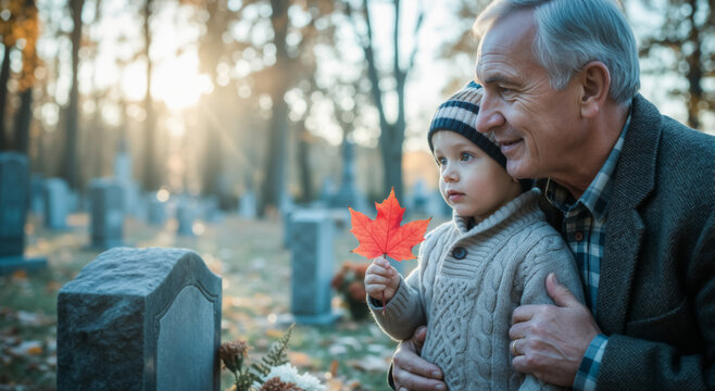 Grandfather with his grandson visiting a grave in a cemetery. Senior man and child remembering a loved one on All Souls' Day. Family and generations concept