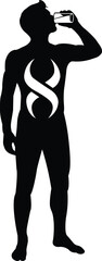 Muscular man silhouette drinking from a bottle with a stylized infinity symbol on his chest silhouette