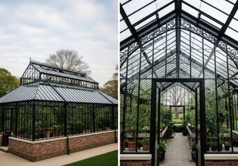 Obraz premium Ornate victorian greenhouse with lush greenery and architectural details