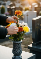 Hands arranging a bouquet of chrysanthemums on a gravestone. Person visiting a grave in a cemetery. All Souls' Day remembrance concept