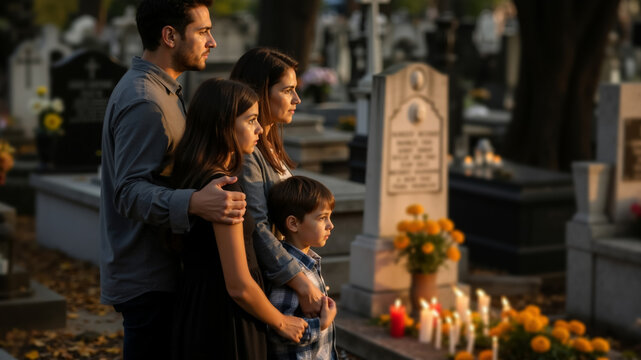 A grieving family visiting a grave in a cemetery. Parents and children remembering a loved one on All Souls' Day. Mourning and family tradition concept