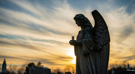 Fototapeta premium Angel statue holding a lit candle in a cemetery at sunset. All Souls' Day remembrance and spirituality concept. Grave monument with a dramatic sky background