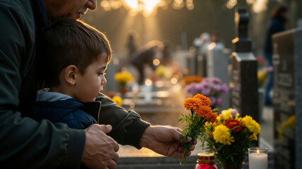 A man and a young boy placing flowers on a grave in a cemetery. Grandfather and grandson honoring ancestors on All Souls' Day
